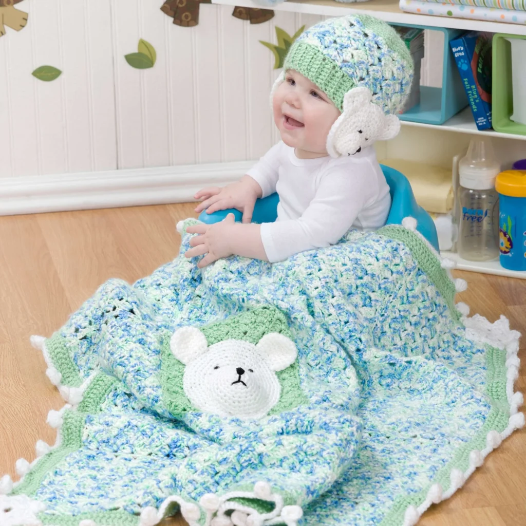 Cozy polar bear crochet blanket and hat pattern for winter warmth