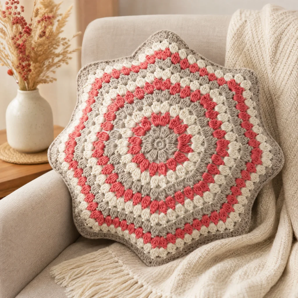 Puffed-Up crochet pillow pattern showcasing texture and design.