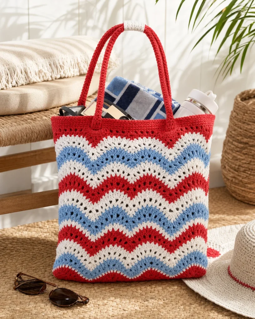 Simple 4th of July beach bag crochet pattern displayed with vibrant colors.