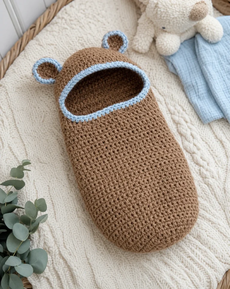 Handmade crochet baby bear cozy pattern for cuddly comfort.