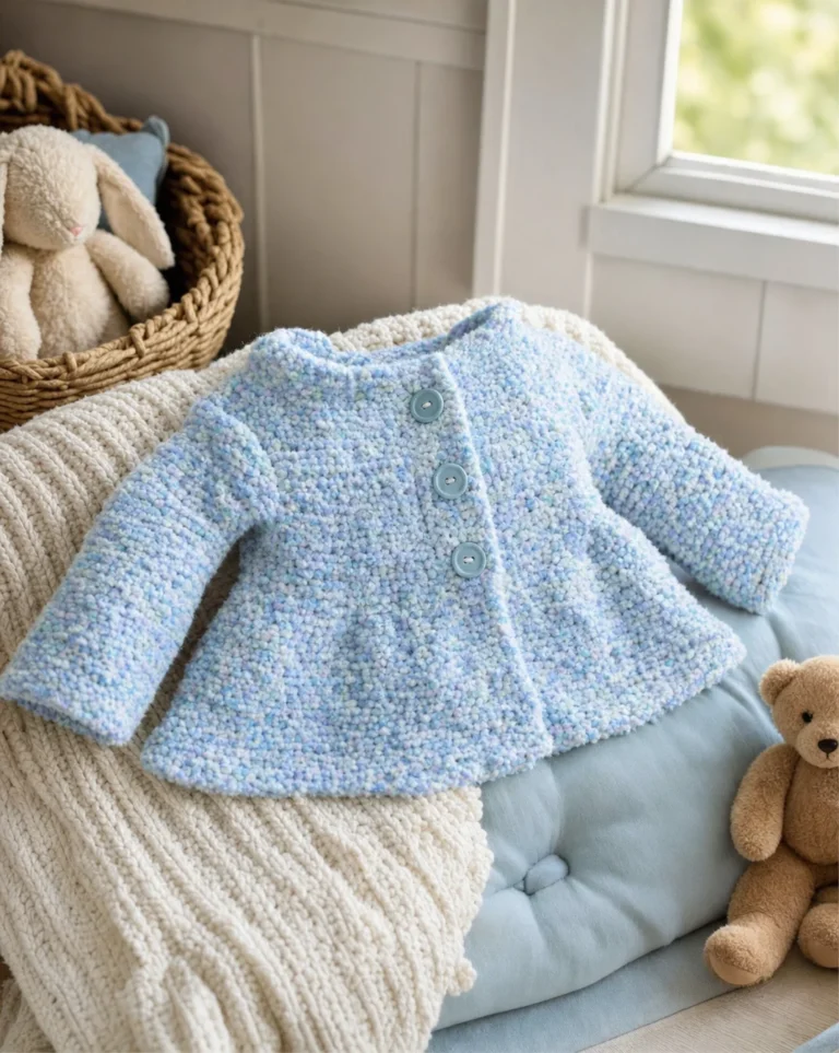 Handmade crochet swing jacket for baby, perfect for cooler days.
