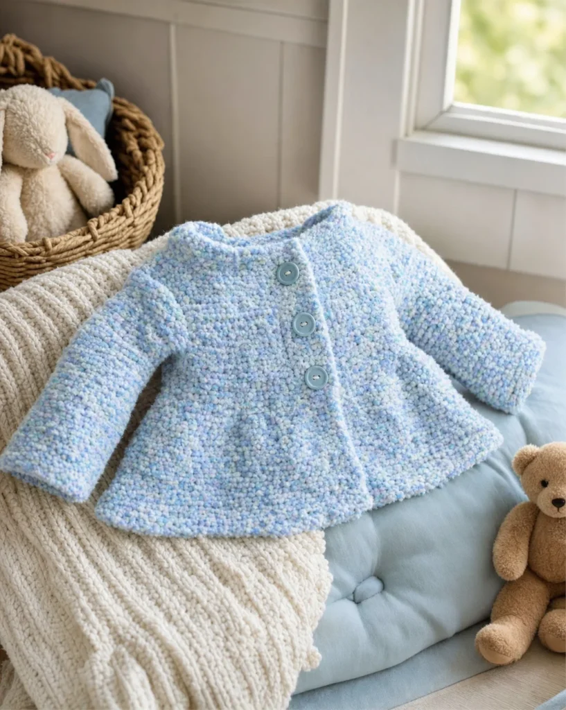 Handmade crochet swing jacket for baby, perfect for cooler days.