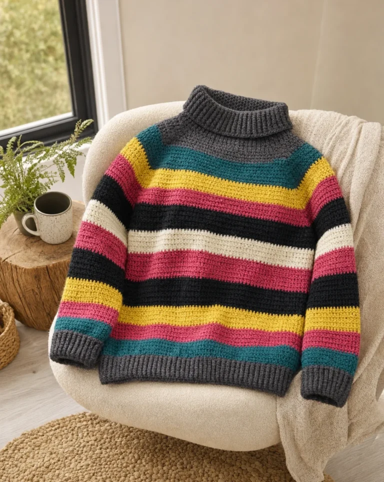 Brightly striped crochet sweater pattern for all skill levels.