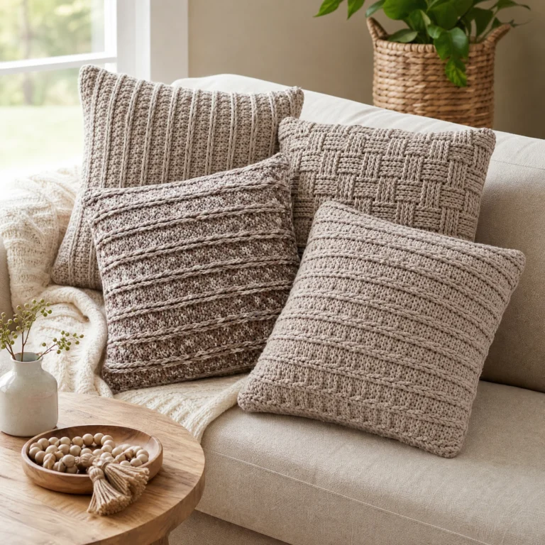 Three-pillow crochet pattern for comfortable home decor.