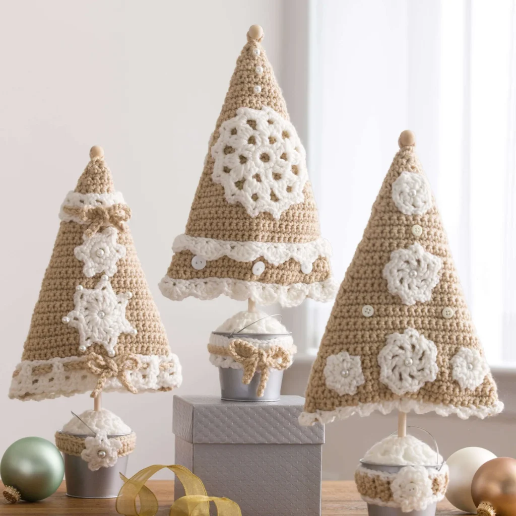 Triangle crochet Christmas tree pattern for festive holiday decorations.