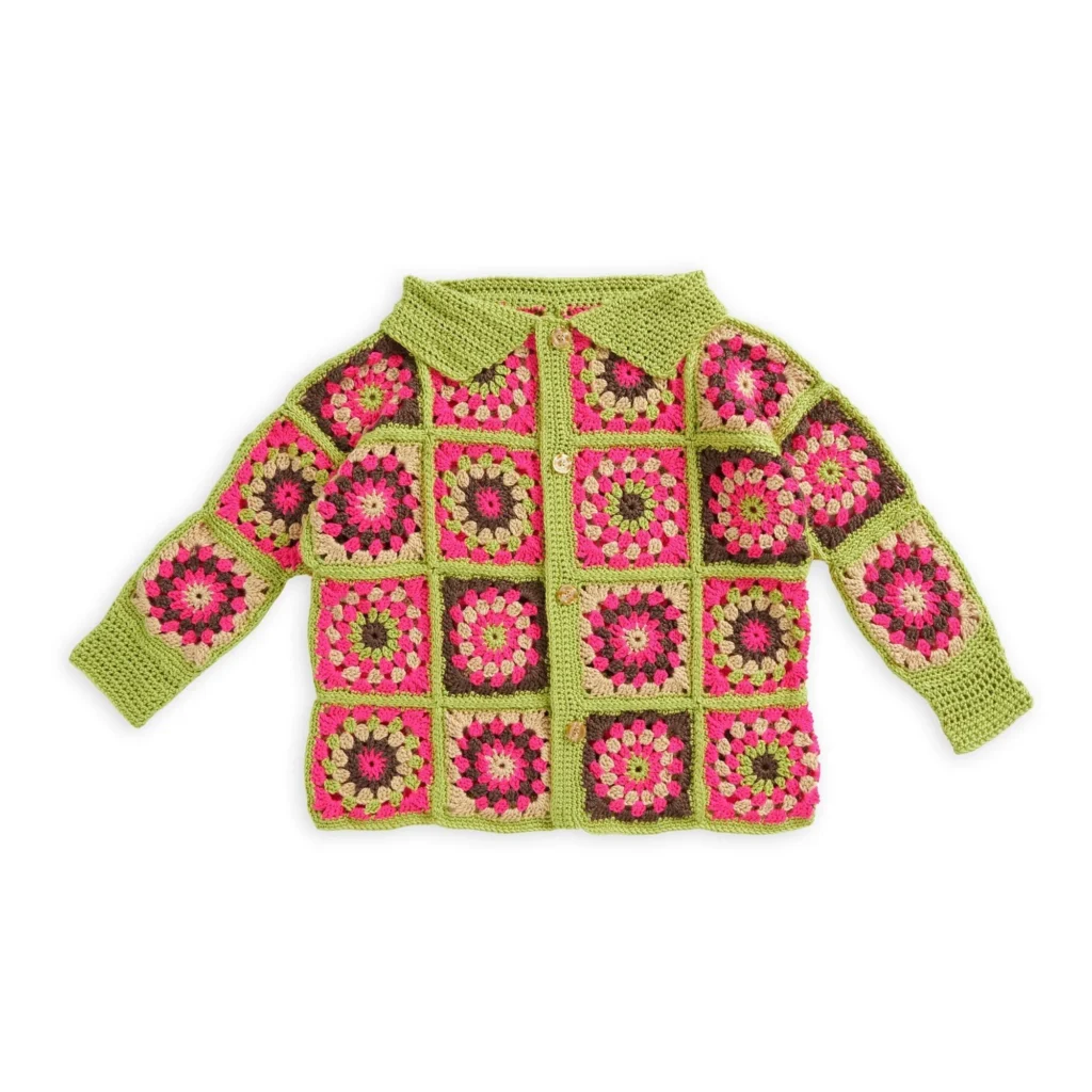 Vibrant crochet granny square cardigan pattern showing colorful squares