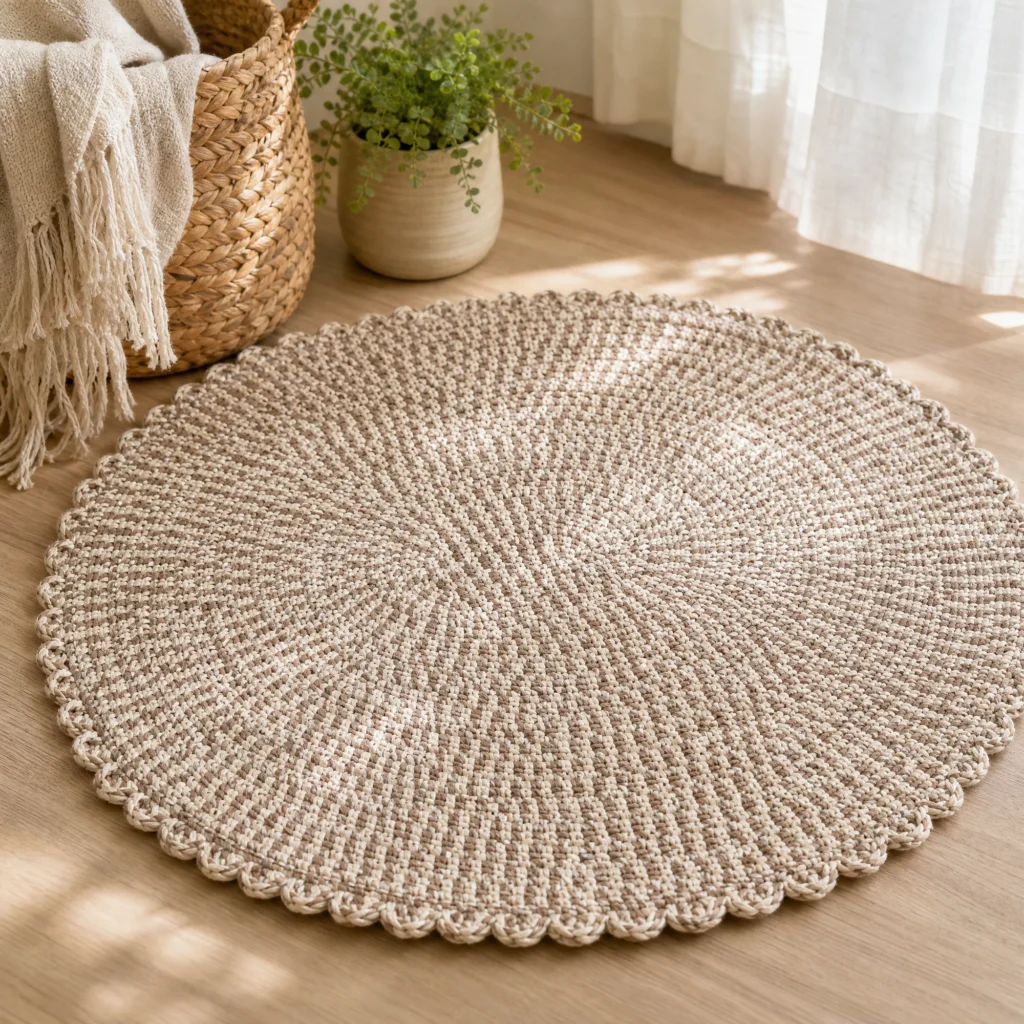 Welcome Home Crochet Rug in a cozy living room setting